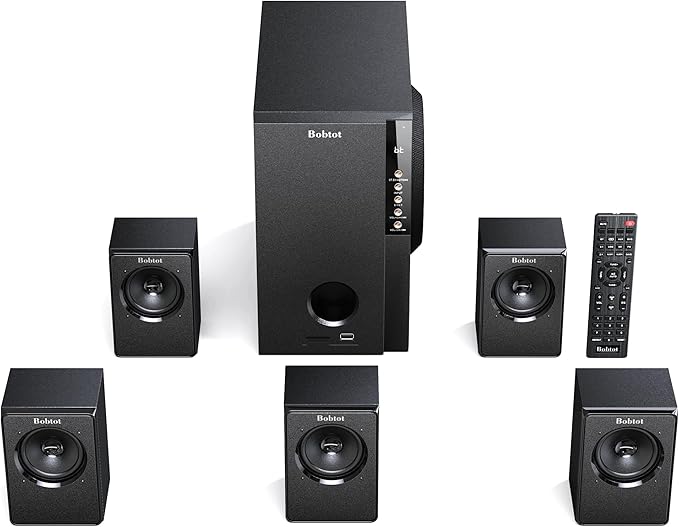 Bobtot Home Theater Systems with 5.25 inch Subwoofer, 5.1 Wired Satellite Surround Sound Speakers, 600 Watts Peak Power Deep Bass Audio Stereo System with FM Radio Bluetooth AUX DVD USB SD Input