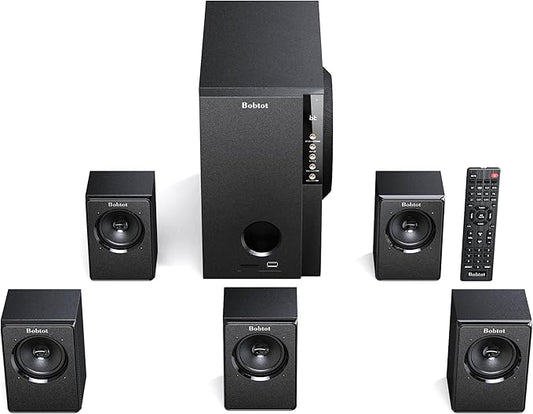 Bobtot Home Theater Systems with 5.25 inch Subwoofer, 5.1 Wired Satellite Surround Sound Speakers, 600 Watts Peak Power Deep Bass Audio Stereo System with FM Radio Bluetooth AUX DVD USB SD Input