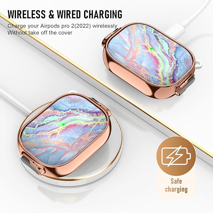 Maxjoy for Cute Airpods Pro 2 case with Safety Lock,Compatible Airpods Pro Case 2nd/1st Gen,Compatible Colored Marble AirPods Case Cover for Women Girly with Keychain-Rainbow