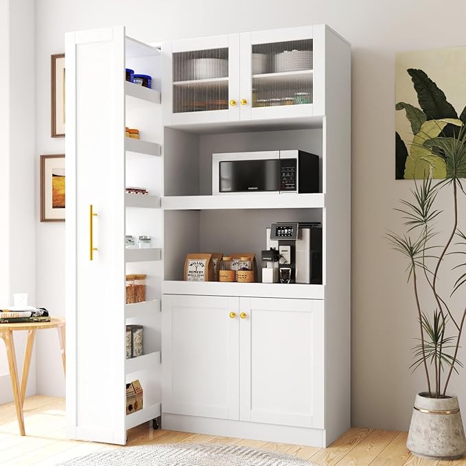 KEIKI 70.87" Tall Kitchen Pantry Storage Cabinet with Pull-Out Multi-Tier Shelf, Countertop, Glass Doors, Microwave Stand, Freestanding Wood Hutch Food Pantries Cupboard for Coffee Bar, Dining Room