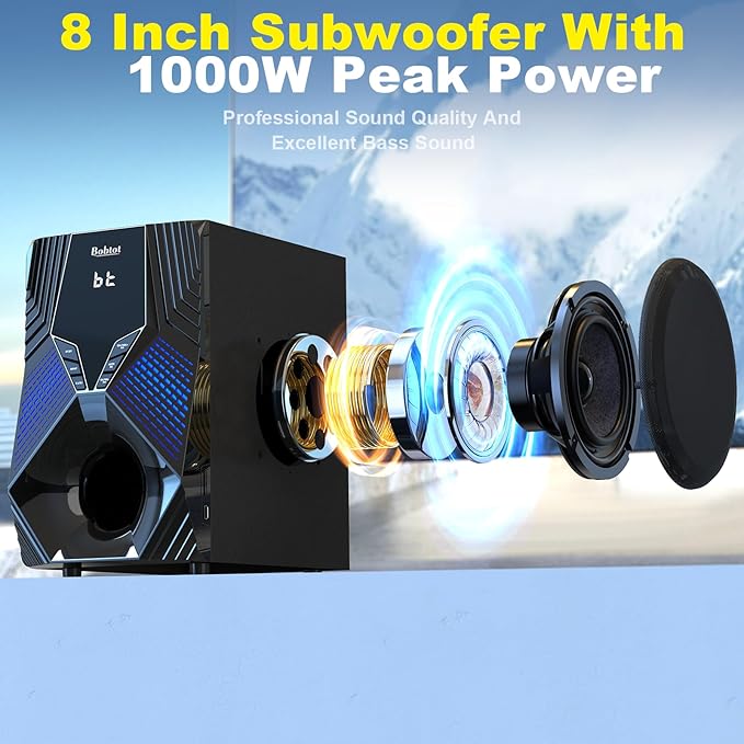 Bobtot Home Theater System, 1000 Watts Peak Power Surround Sound Systems 5 Wired Satellite Audio Speakers 8" Subwoofer 5.1/2.1 Channel Deep Bass with ARC Optical Bluetooth AUX Input