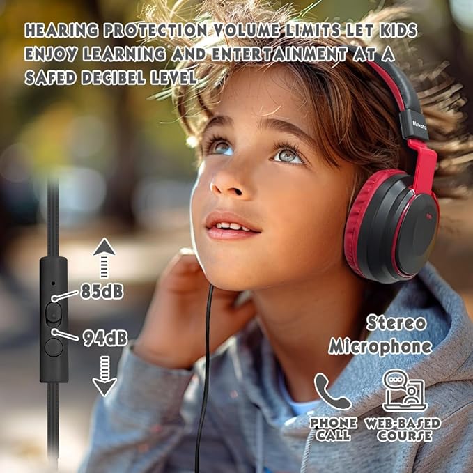 Headphone Kids Volume Limited 85/94dB Wired Over-Ear/On-Earr Foldable Headset with Inline Cable Aux 3.5mm Cord Mic for Toddler Boy Girl Child Back to School Study Pad Tablet Black