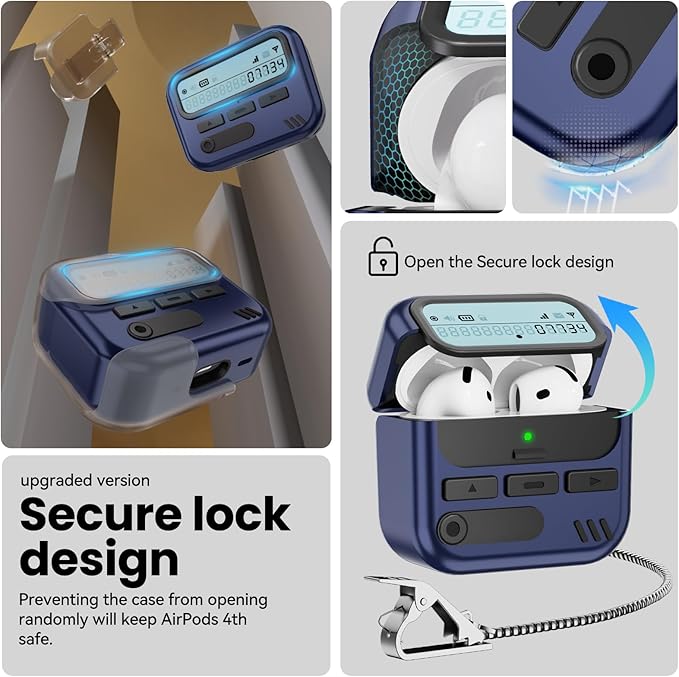 (with Safety Lock) Pager Cases for AirPods 4 Case Cover 2024 with Cleaner Kit,Sturdy Hard PC Protective for Apple AirPods 4th Generation Case for Men Women,AirPods 4 Accessories with Keychain-Blue