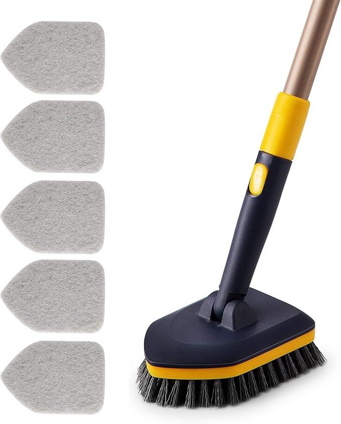 Yocada Tub Tile Scrubber Brush 2 in 1 Cleaning Brush 58.2" Adjustable Telescopic Pole Stiff Bristles Scouring Pads for Cleaning Bathroom Kitchen Toilet Wall Tub Tile Sink with Totally 5 Pads