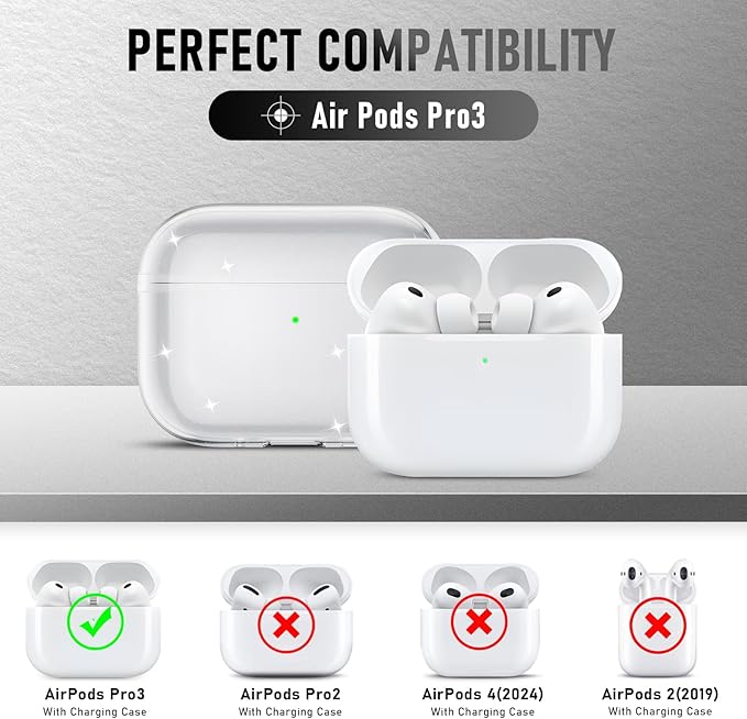 for AirPods Pro 3 Case (2025) with Cleaner Kit, Cute Soft Silicone Cover Compatible AirPods Pro 3rd Genera case with Keychain for Women Men with Keychain for Airpod Pro case(2025)-Glitter