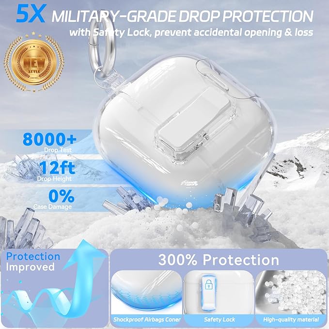 for AirPods 4 Case, Clear AirPod 4 Case Caver with Safety Lock & Phone Stand, Auto-Open Design for Apple AirPods 4th Gen 2024, Anti-Scratch & Shockproof Protective Cover with Cleaner & Keychain