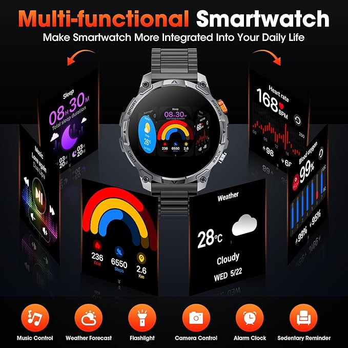 Military Smart Watches for Men,1.75″ Smartwatch with 100-Day Ultra-Long Battery/Flashlight,Fitness Watch for Heart Rate/Sleep/Calling/110+ Sports Mode Smart Watch for Android iOS 1000 mAh