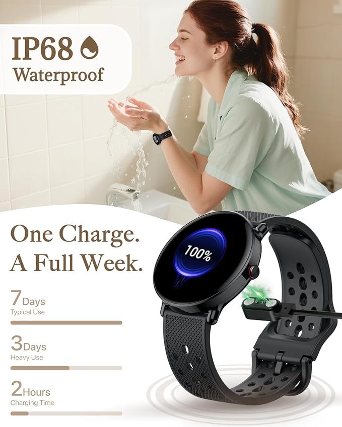 Smart Watch for Women Men, for Android iOS with Sleep & Calorie Monitor, Pedometer Fitness Tracker, Bluetooth Call, IP68 Waterproof, 112+ Sport Modes Round Face Smartwatch (Black)
