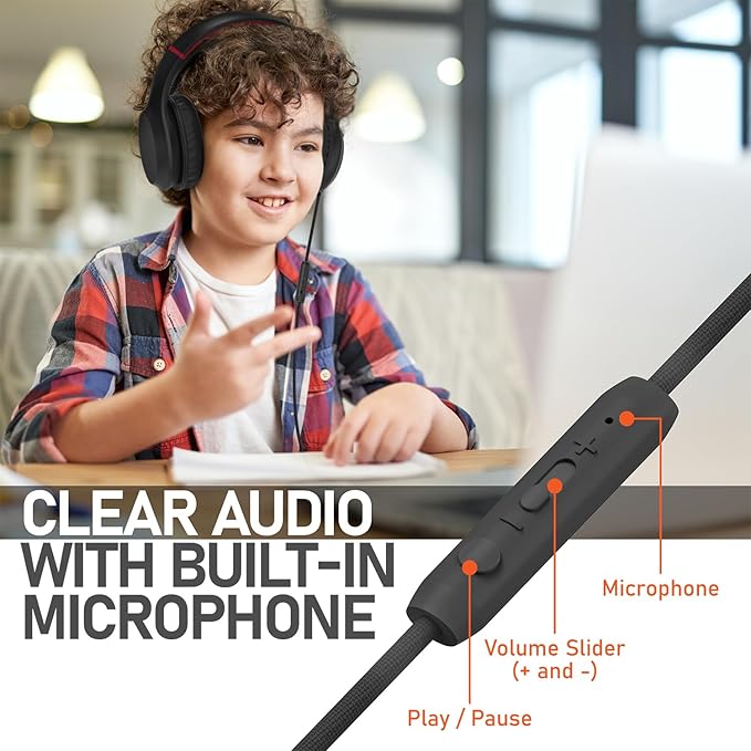 FosPower Kids Headphones with 3.5mm Laced Cables, Children & Teens Over The Ear Foldable Adjustable Headset w/Built-in Mic for Smartphones/PC/Tablet/Laptop/School (Max Volume 85dB) - Black/Red