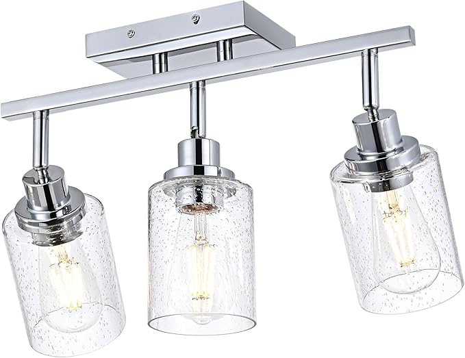 3-Light Chrome Track Light Fixture Ceiling Track Lighting Heads with Seeded Glass Chrome Multi-Directional Rotating Track Lighting Kit Vanity Light Spotlight for Kitchen Accent Shop Bathroom