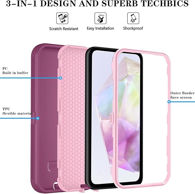 ONOLA Compatible with Samsung Galaxy S26 Case with HD Screen Protector, Heavy Duty Shockproof & Dropproof 3-Layer Cover Phone Case for Galaxy S26 6.3''，WineRedPink