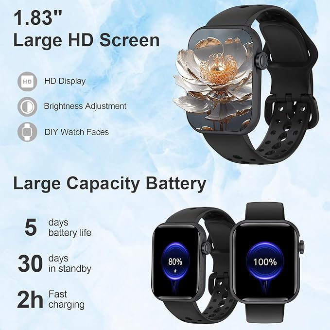 Smart Watches for Men Women 1.83" HD Display Activity Fitness Tracker Smartwatches for Android iOS Phones with Bluetooth Call/Heart Rate/Blood Pressure/Sleep Monitor/100+ Sport/IP67 Waterproof, Black