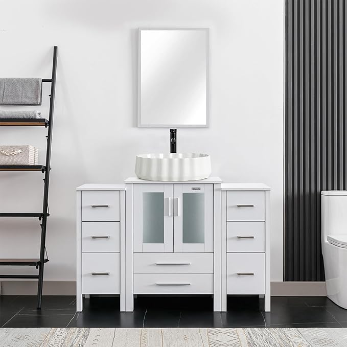 eclife 48" Modern Bathroom Vanity Sink Combo Freestanding Cabinet with Small Side Cabinet, White Shell Ceramic Vessel Sink, Water Save Faucet, Drain (White+T54)