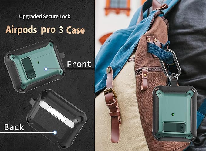 for Airpods Pro 3 Case with Lock Clip, Rugged Apple Airpods Pro 3rd Generation Cover 2025 Men Women, Armor Shockproof iPod Pro3 Gen Protective Hard Shell with Carabiner&Cleaner kit,Black/Green