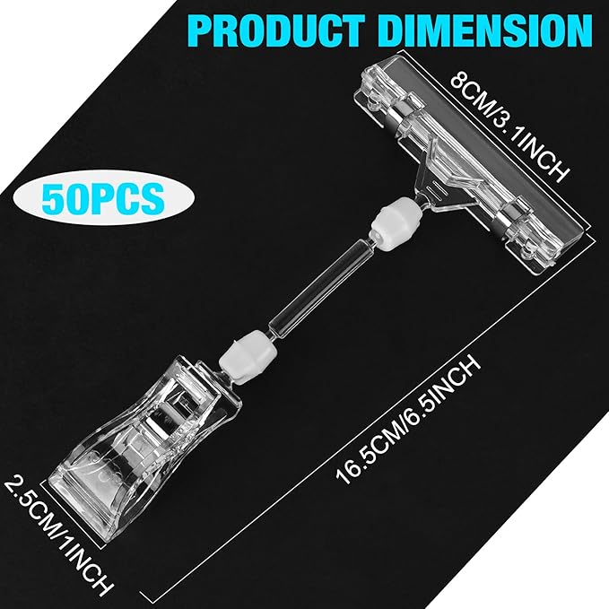 Clear Sign Clips on Merchandise Display 50 Pack Plastic Label Pop Clips on Sign Holder Shelf Double Sided Swivel Price Tag Clips on Clothing Rack Signs Rotatable Menu Clips for Sale Retail Display