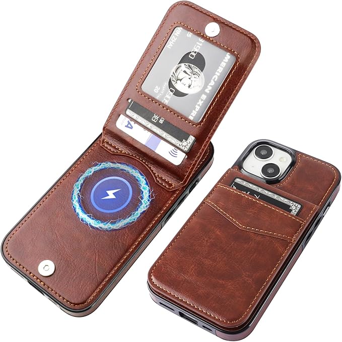 KIHUWEY for iPhone 15 Case Wallet Compatible with MagSafe Wireless Charging, Credit Card Holder, RFID Flip Leather Magnetic Clasp Kickstand Heavy Duty Protective Cover 6.1 Inch (Brown)