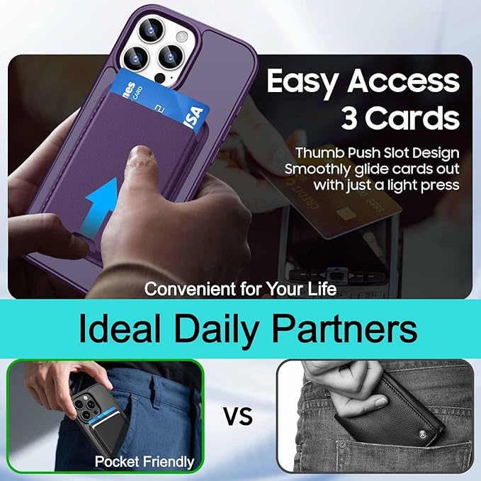 Magnetic for iPhone 15 Pro Case with Detachable Wallet, Compatible with MagSafe, Credit Card Holder with Slim Shockproof Protective Phone Cover, Purple