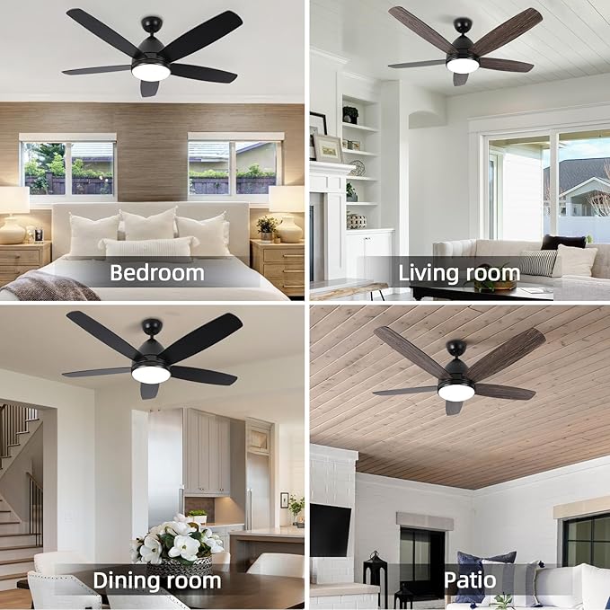 Smart Ceiling Fan with Light, 52 Inch Modern Black Outdoor Ceiling Fan and Remote/App, Dimmable Tri-Color LED and Reversible Motor for Indoor Bedroom/Outdoor Covered Patio