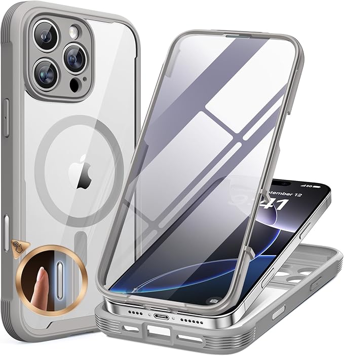 Miracase for iPhone 16 Pro Max Case 6.9'', [Bubble Free] Full-Body Phone case with Built-in Full Glass Screen &Lens Protector,Compatible with MagSafe,Drop Proof 16 Pro Max Cover, Grey