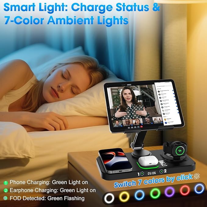 6 in 1 Wireless Charger for Apple Device, 30W Foldable Wired Charging for ipad with Clock & 7 Color Ambient Light, Nightstand Charger Station for iPhone 17/16/15/iWatch Series/AirPods 4/Pro 3(Black)