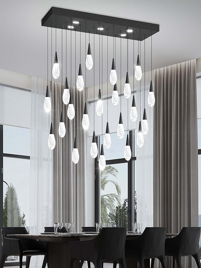 Rectangular Chandelier 24-Lights LED Dimmable Raindrop Chandeliers for High Ceiling Large Chandelier Light Fixture Black High Ceiling Pendant Lights for Villa Living Room Staircase