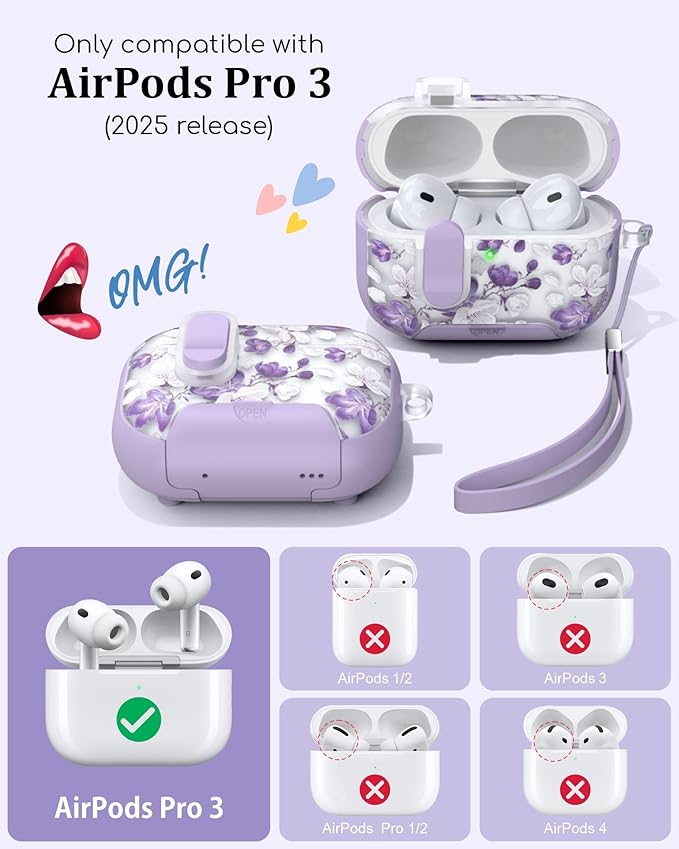 TATOFY for AirPod Pro 3 Case (2025) with Phone Stand Lanyard Lock Cleaning Kit, Compatible with Magsafe, Flowers Hard AirPods Pro 3rd Generation Cover for Women (Purple, AirPods Pro 3)
