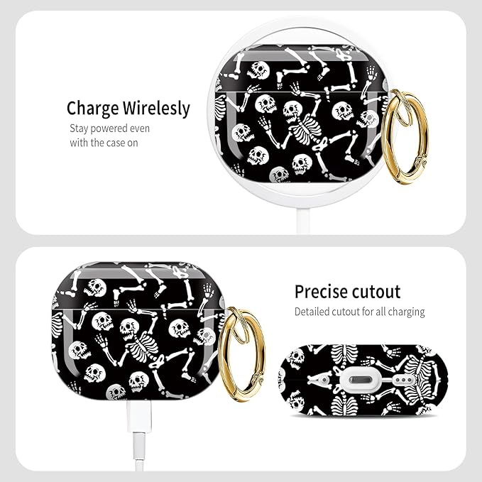 Cute Hard Case Compatible with AirPods Pro 3rd Generation Case (2025), Shockproof Protective Cover with Golden Keychain Ring Clip (Skeletons Dancing)
