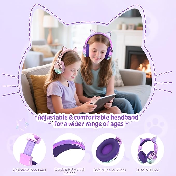QearFun Kids Cat Ear Bluetooth Headphones, 60H Playtime, 74/85/94dB Safe Volume Limit, Metallic Gradient Wireless Headset with Mic, Fast Charging, Foldable, Wired Mode for Girls School/Tablet/Travel