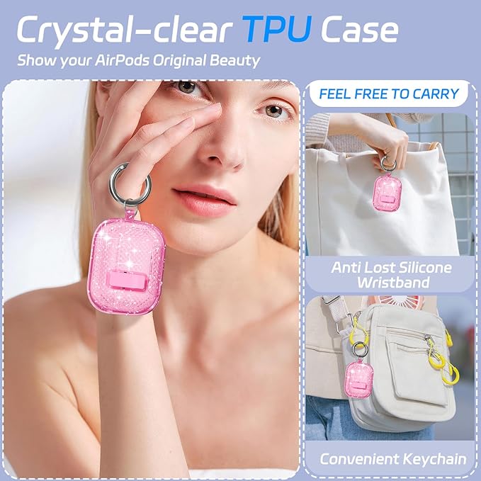 for AirPods Pro 2 Case with Phone Stand & Secure Lock, Auto-Open Clear Cover Compatible with Apple AirPods Pro 2nd/1st Gen (2023,2022,2019) with Cleaning Kit & Keychain (Shine-Clear Pink)