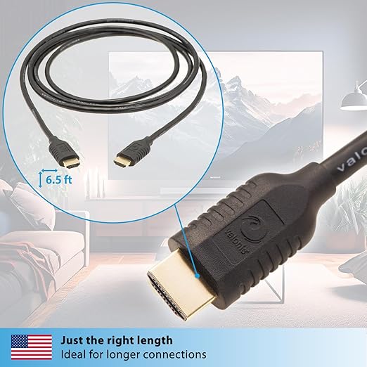 valonic HDMI Cable - 6.5 ft, 4k, Full HD, ARC, high Speed, Ultra HD, ethernet - for TV, PS4, Xbox, 30 AWG, Black