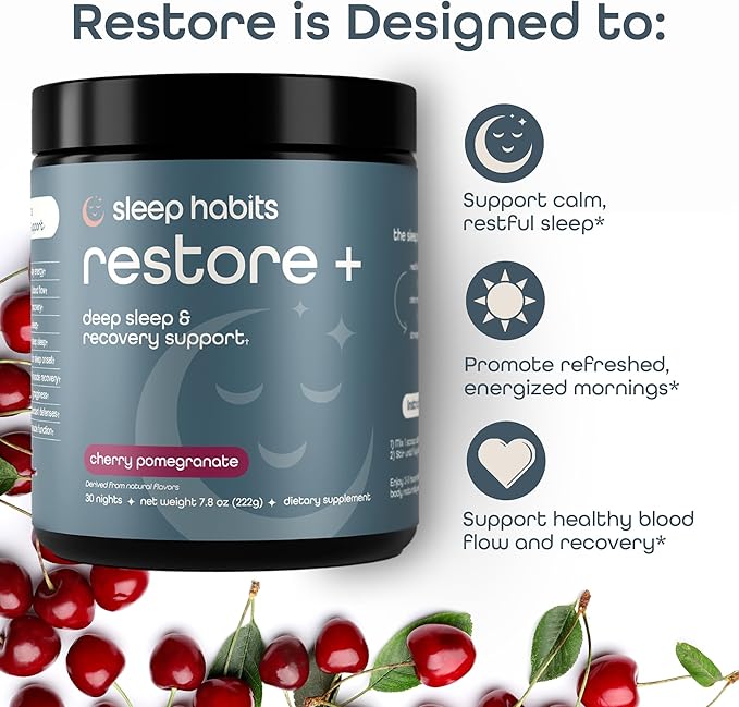 SleepHabits Restore | Magnesium Glycinate Powder Natural Sleep Aid with L-Theanine, Tart Cherry, Beet Root, | Calm Melatonin-Free Deep Sleep Supplement Drink for Recovery & Clear Mornings, 30 Nights