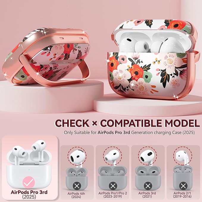 Inesore for AirPods Pro 3 Case 2025 with Lock, for Women Girly Floral Cute Case Compatible with Apple Airpods Pro 3rd Generation Cover, with Phone Stand,Keychain & Cleaner Kit -White Peony