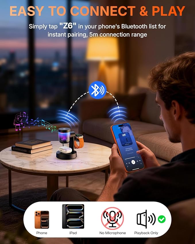 Qi2.2 25W Fast Wireless Charger Design for MagSafe Charger for iPhone 17/16/S26 Ultra, 3 in 1 Magnetic Charging Station with Bluetooth Speaker & Light, Watch Charger Stand for Apple Watch, for Buds