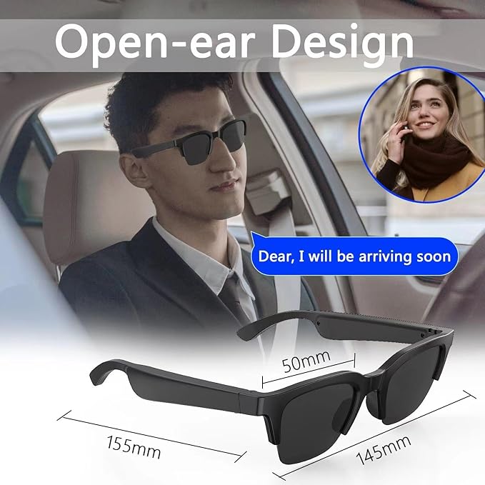 Smart Audio Glasses Open Ear Bluetooth Glasses Wireless Music and Calls Type C Fast Charging Physical Button Control Ultra Lightweight Unisex (Black)