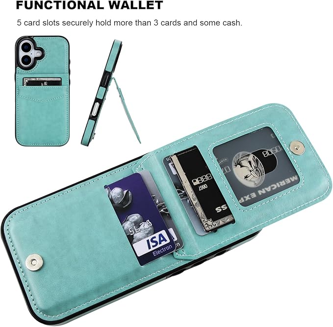 KIHUWEY Compatible with iPhone 17 Case Wallet with Credit Card Holder, Flip Premium Leather Magnetic Clasp Kickstand Heavy Duty Protective Cover for iPhone 17 6.3 Inch (Mint Green)