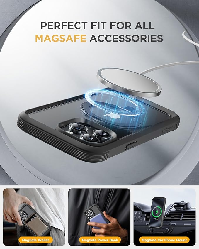 Miracase for iPhone 15 Pro Max Case with 360° Magnetic Ring Stand [Compatible with Magsafe] Full-Body Drop Proof Bumper Phone Case with Built-in 9H Tempered Glass Screen Protector,Black