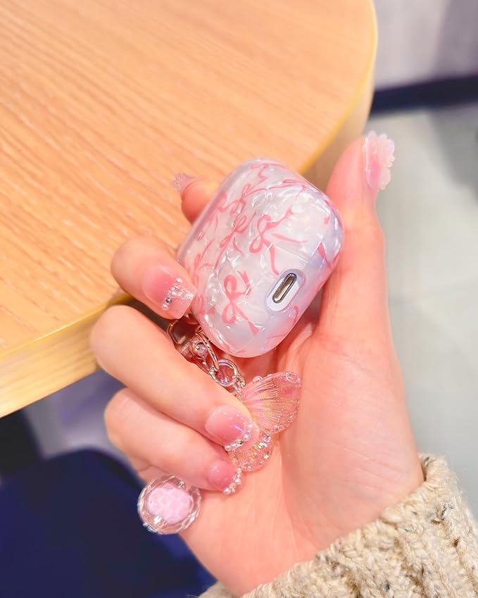 Compatible with AirPods Case Cute, Shell Pattern Shockproof Protective Cover for Girls Women with Butterfly Keychain Designed for AirPods 1st & 2nd Generation, Pink Bow
