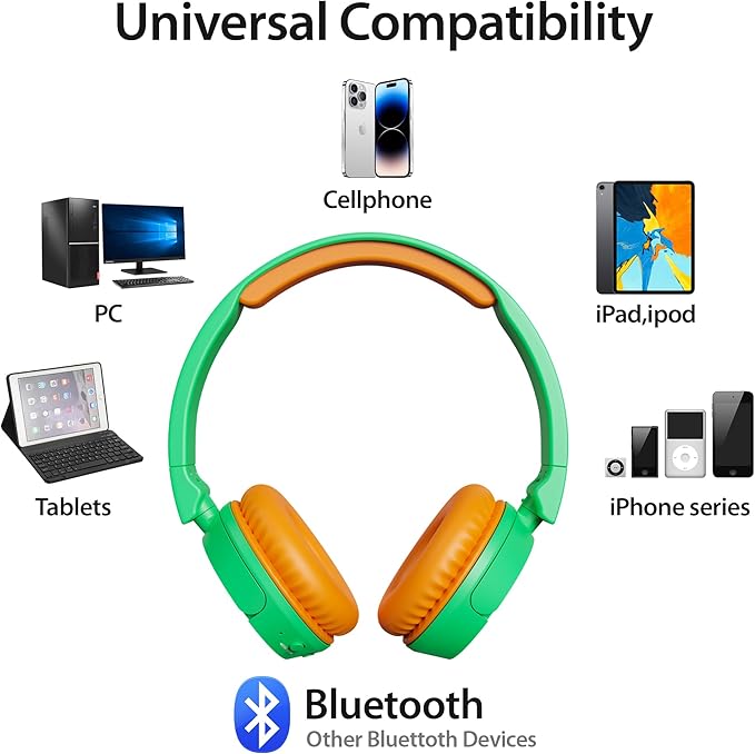 Contixo KB-5 Kids Headphones - Over The Ear Foldable Bluetooth Wireless Headphone for Kids - 85dB with Volume Limited - Toddler Headphones for Boys and Girls (Green+Orange)