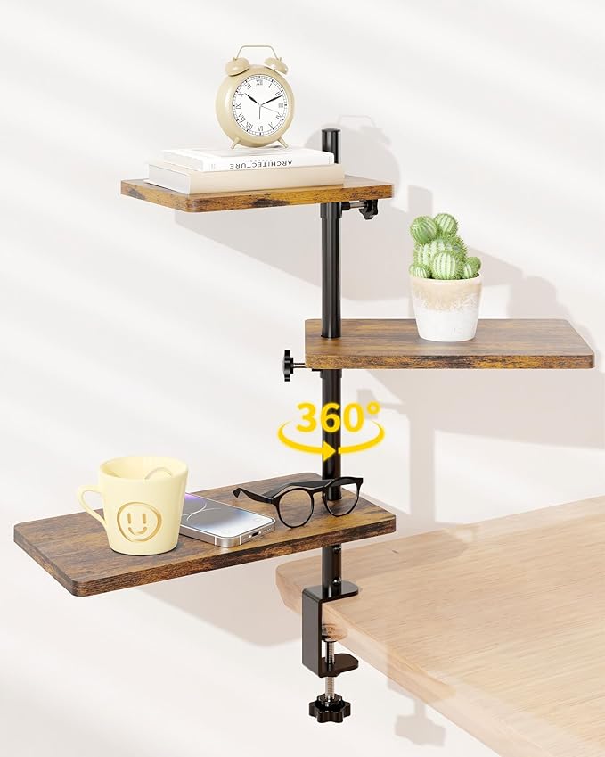3 Tiers Clamp On Desk Shelf, 360¡ã Angle Adjustable Desktop Shelf Organizer for Home Office Gaming Room, No Drill Desk Extender Adapt to 0.4-2.16 inches Table Thick, Black Brown