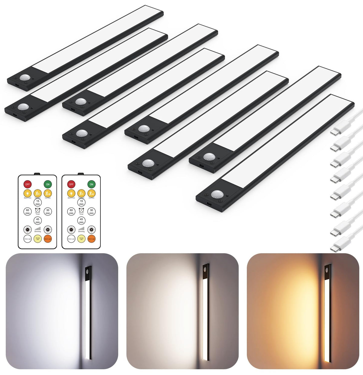 12" Under Cabinet Lighting Wireless, Remote, Motion Sensor, 8Pack, Black