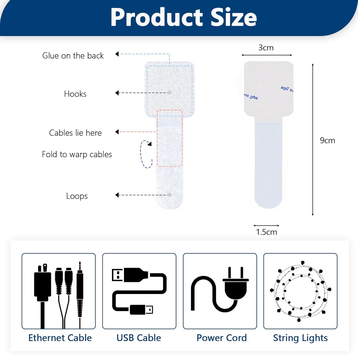 50 PCS Hook and Loop Cable Ties, Under Desk Cable Management, Self Adhesive Cable Clips Straps, Sticky-Back Cord Organizer, Wire Organizer for TV PC Laptop Ethernet Desktop, White