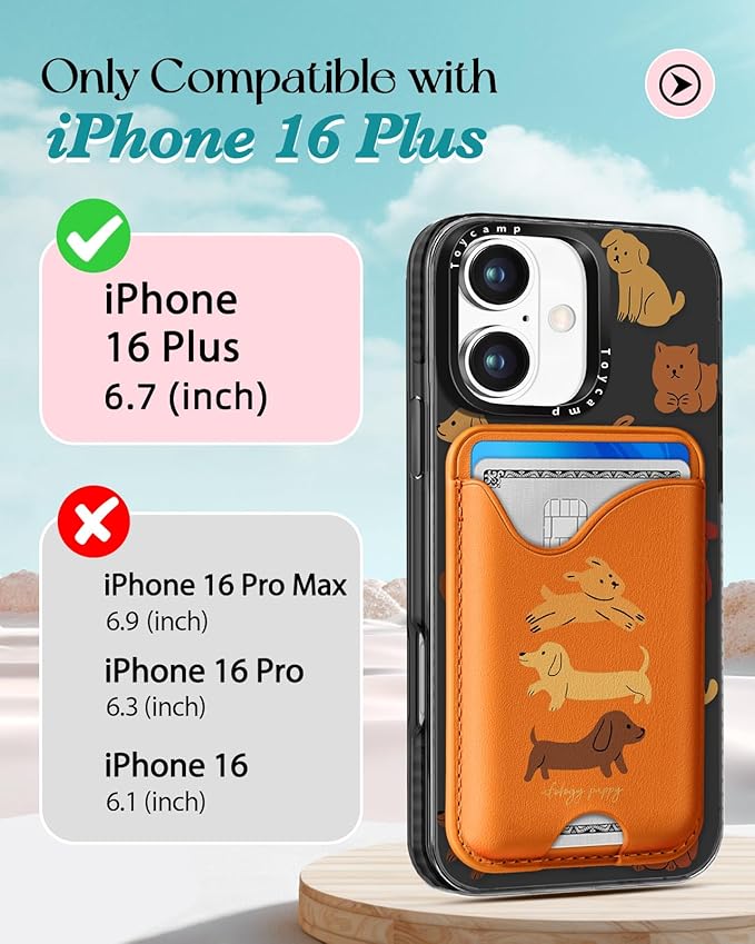Toycamp for iPhone 16 Plus Case - Compatible with Magsafe Credit Card Holder Wallet Magnetic Cute Women Teen Girls Kawaii Girly Unique Small Dogs Design Phone Cover for Apple 16 Plus 6.7"