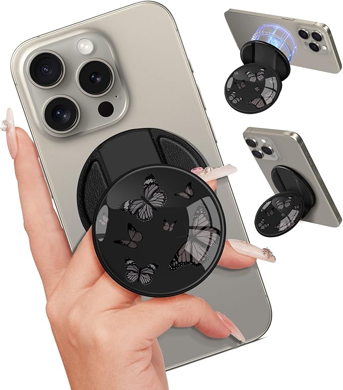 Kidcube Magnetic Phone Grip Compatible with Magsafe - Cell Phone Grip Stand Ring Holder Magnet Kickstand Removable Accessories for iPhone 16 Pro Max/16/15/14/13/12 Series Women Cute Black Butterfly