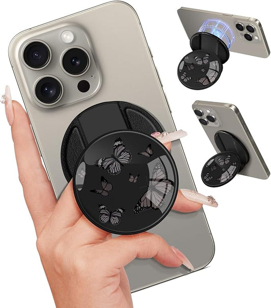 Kidcube Magnetic Phone Grip Compatible with Magsafe - Cell Phone Grip Stand Ring Holder Magnet Kickstand Removable Accessories for iPhone 16 Pro Max/16/15/14/13/12 Series Women Cute Black Butterfly