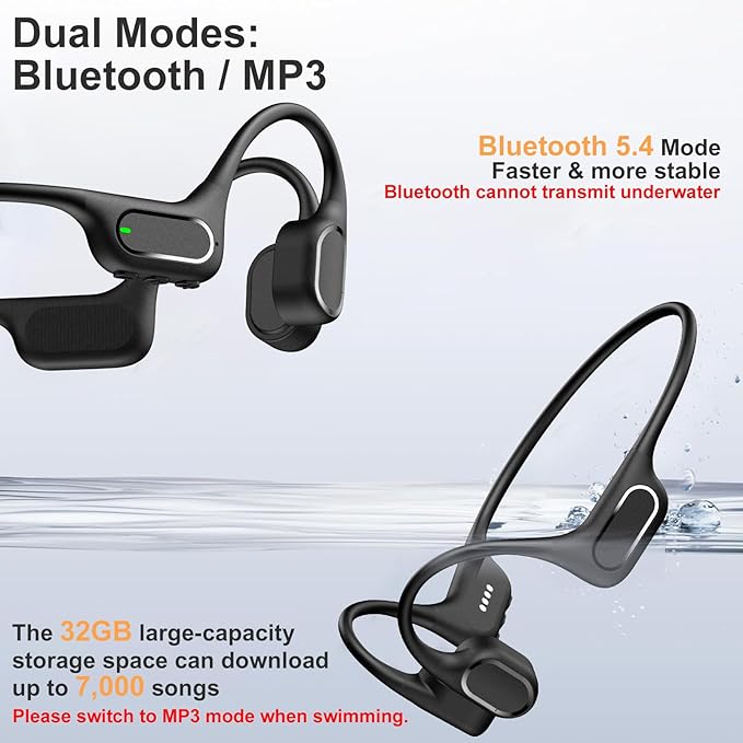 IP68 Waterproof Swimming Headphones, Bone Conduction Liquid Silicone Bluetooth Headphones, Built-in 32GB MP3 Player, Soft and Lightweight Open-Ear Design for Swimming/Marathons/Showers/Cycling (Black