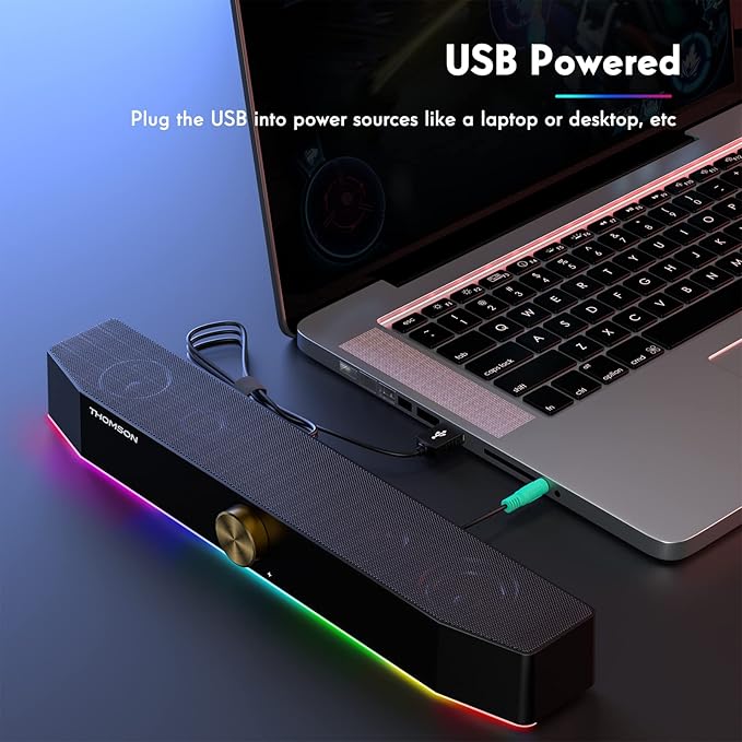 THOMSON Computer Speakers, Bluetooth Computer SoundBar, Dynamic RGB PC Speakers with 10W Stereo Sound, 3.5mm Aux-in Connection, USB Powered Computer Speakers for PC, Desktop Monitor, Laptop, Tablets