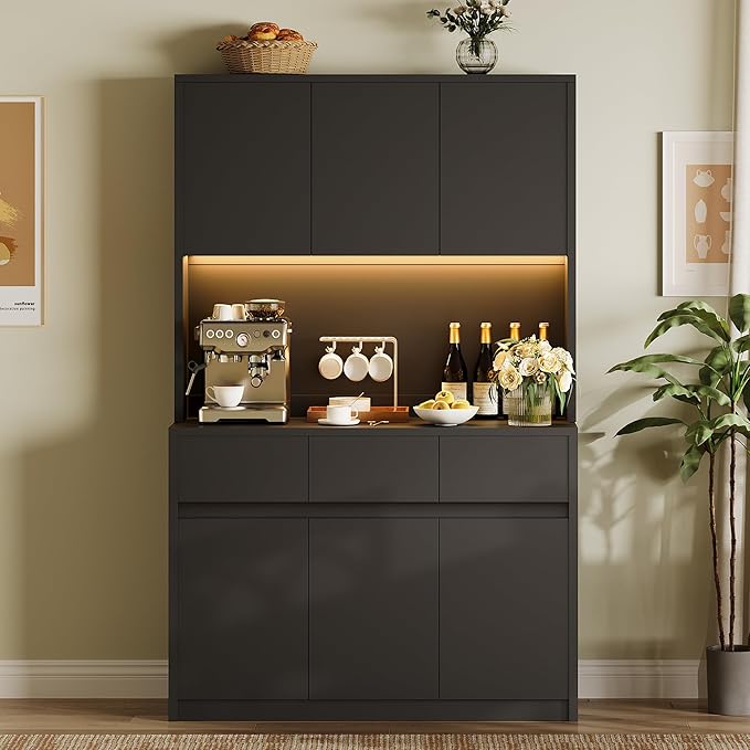 71" Tall Kitchen Pantry Cabinet, Adjustable Shelves & Doors and Three Drawers, Microwave Shelf, Coffee Bar with LED Lights & Charging Station, Corner Storage Hutch for Living Room, Black
