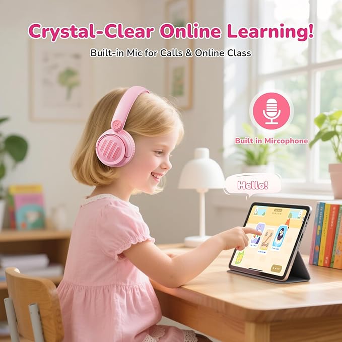 Kids Bluetooth Headphones Wireless On-Ear with USB-C Fast Charge,Microphone & 85dB Volume Limiter,Foldable Lightweight Toddler Headphones with AUX for School Travel (Pink)