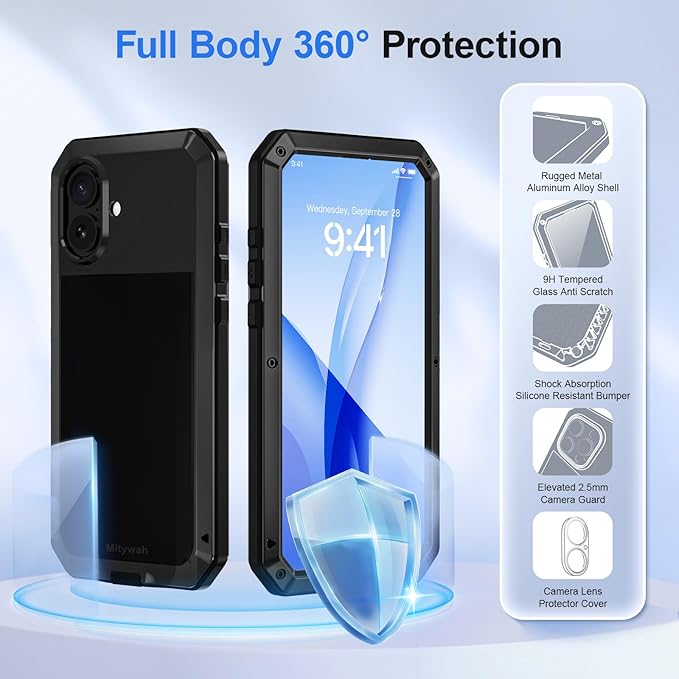 Mitywah Metal Case for iPhone 16, Heavy Duty Rugged Phone Case Built-in 9H Temperd Screen Protector, Military Grade Full Body Protective Dual Layer Bumper Protective Case for iPhone 16 6.1" Black