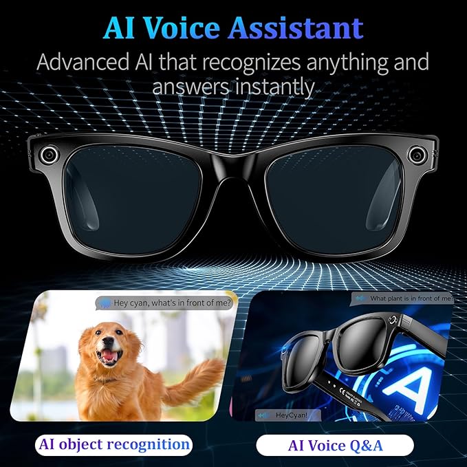 AI Smart Glasses with 8MP Camera, 4K Video & HD Photo, Bluetooth Audio, AI Voice Assistant, Real-Time Translation, Object Recognition, Noise-Cancel Calls, Photochromic +2 Sunglasses Lenses